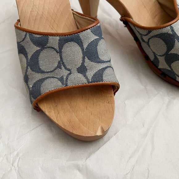 Coach Brenda Logo Wooden Platform Heeled Sandals Sz 7 Blue Made in Italy - Picture 8 of 12